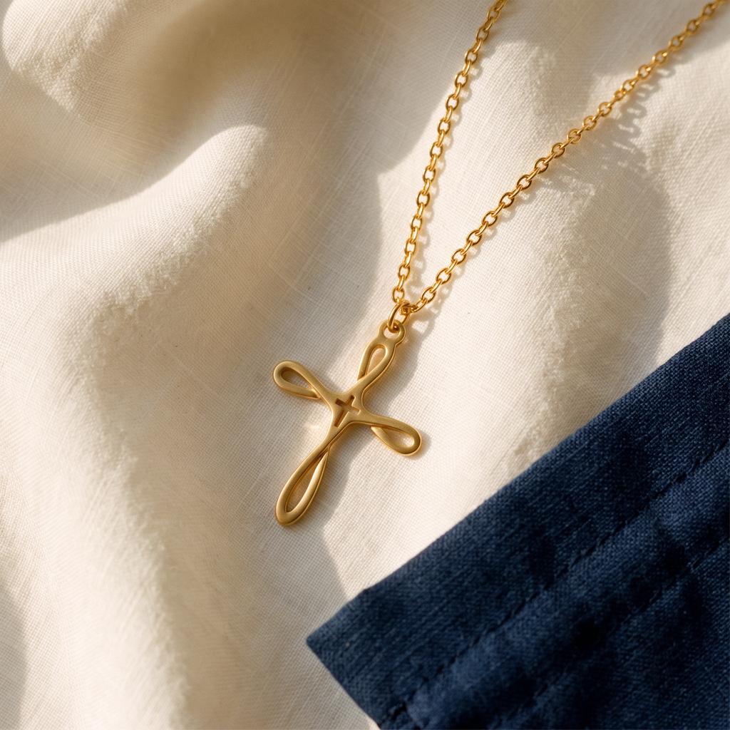 Collier croix fantaisie - Gwen posé sur du lin ivoire, pochon marine en accent