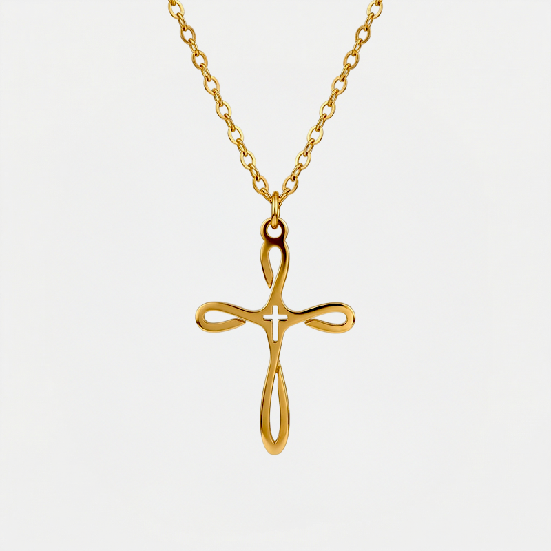 Collier croix fantaisie, doré, sur fond blanc
