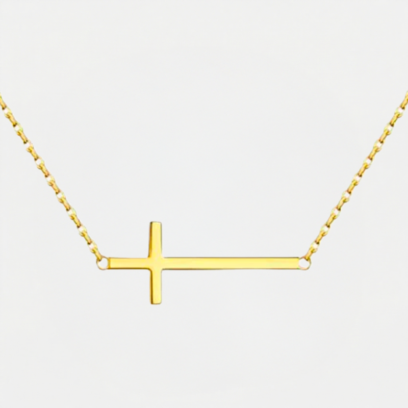Collier croix horizontale, doré, sur fond blanc