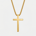 Collier croix minimaliste, doré, sur fond blanc