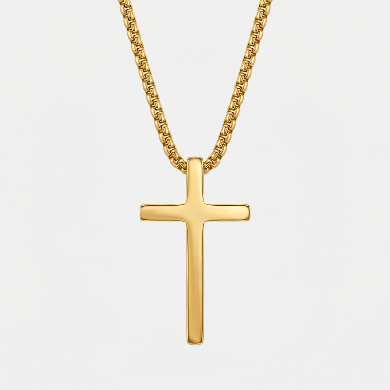 Collier croix minimaliste, doré, sur fond blanc
