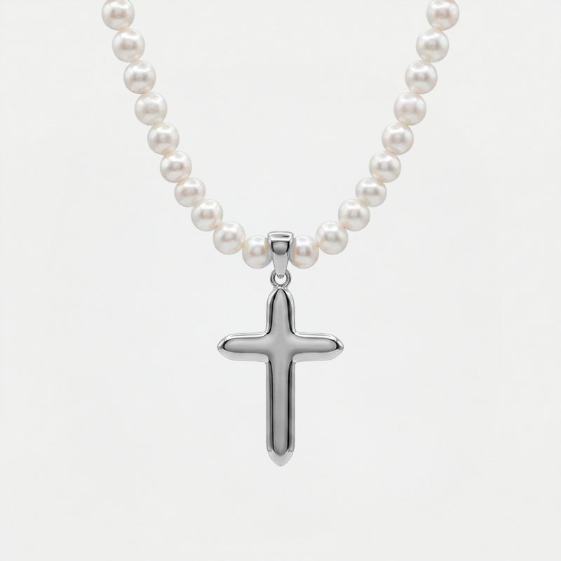 Collier croix perles argentée