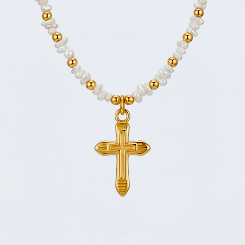 Collier croix perles blanches
