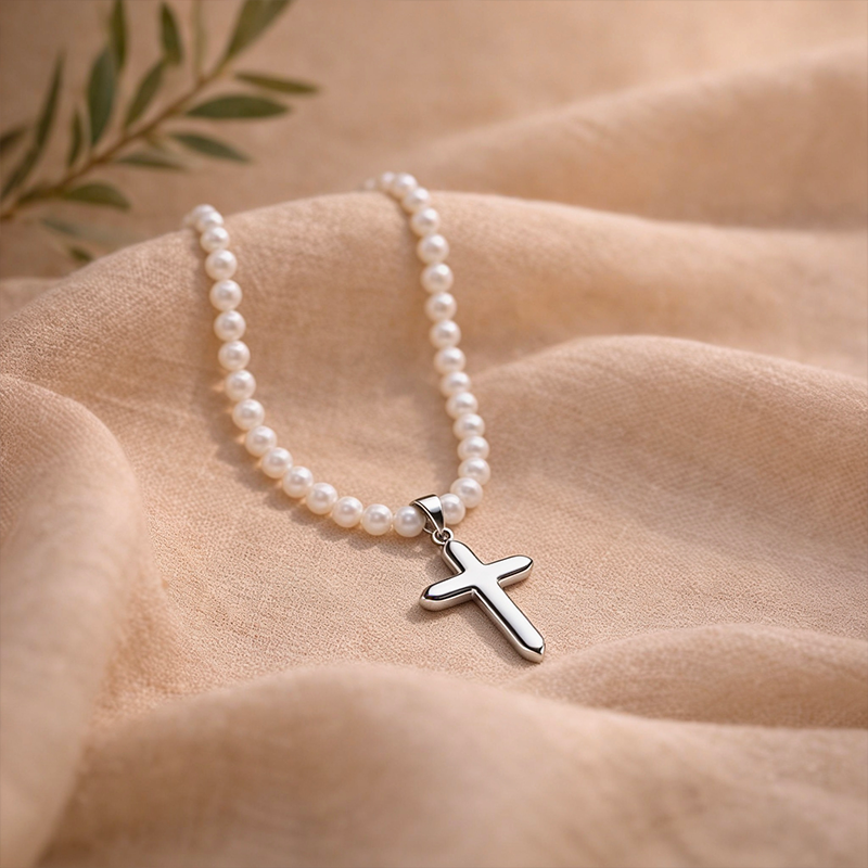 Collier croix perles argentée