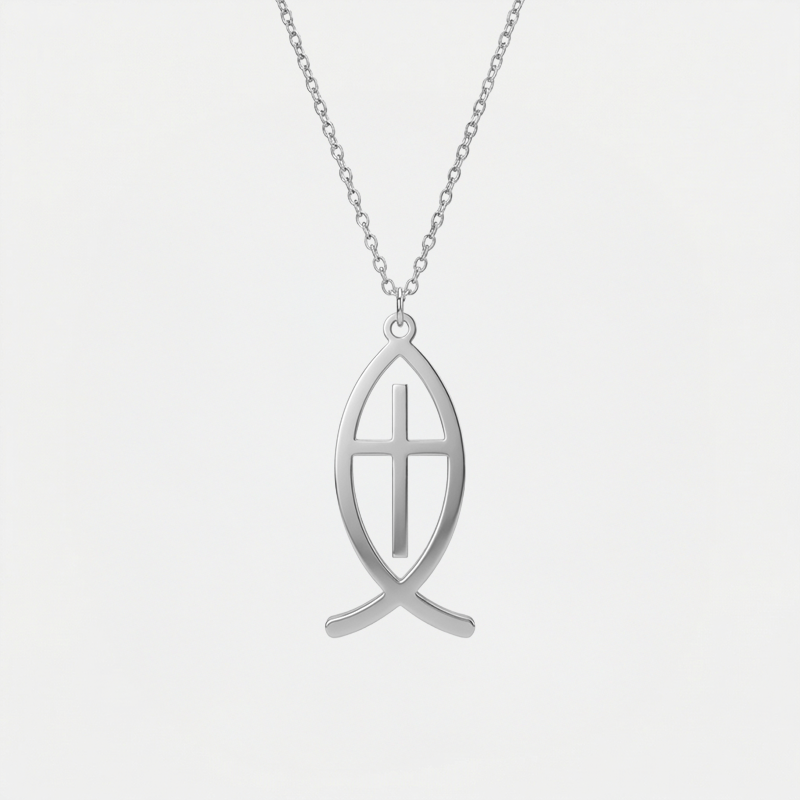 Collier croix poisson argentée
