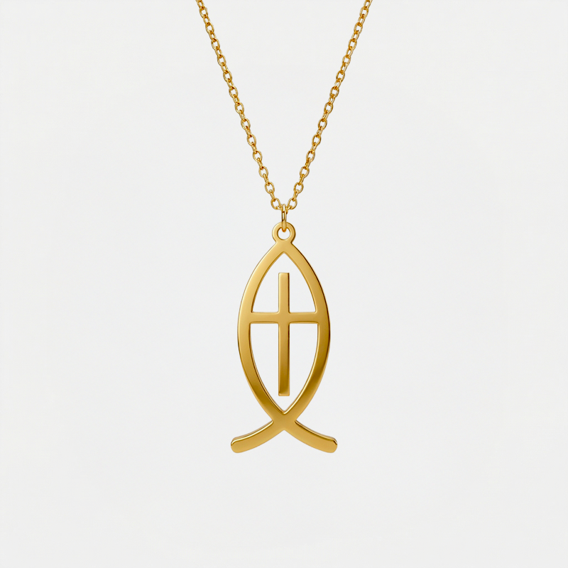 Collier croix poisson, doré, sur fond blanc