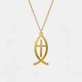 Collier croix poisson, doré, sur fond blanc