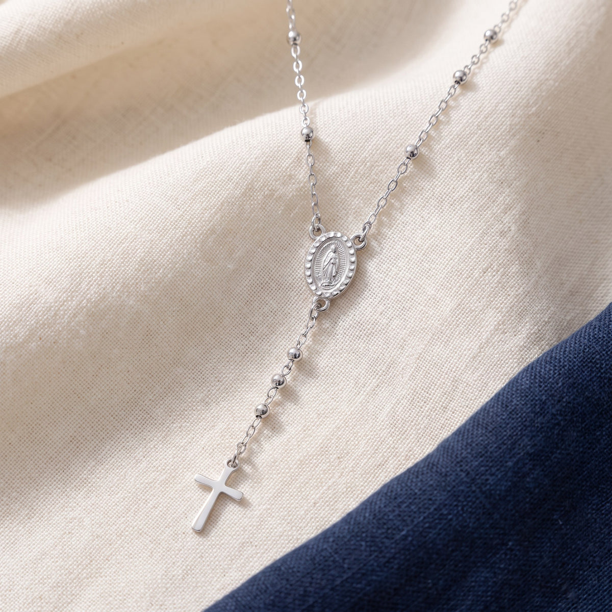 Collier croix rosaire acier inoxydable argenté