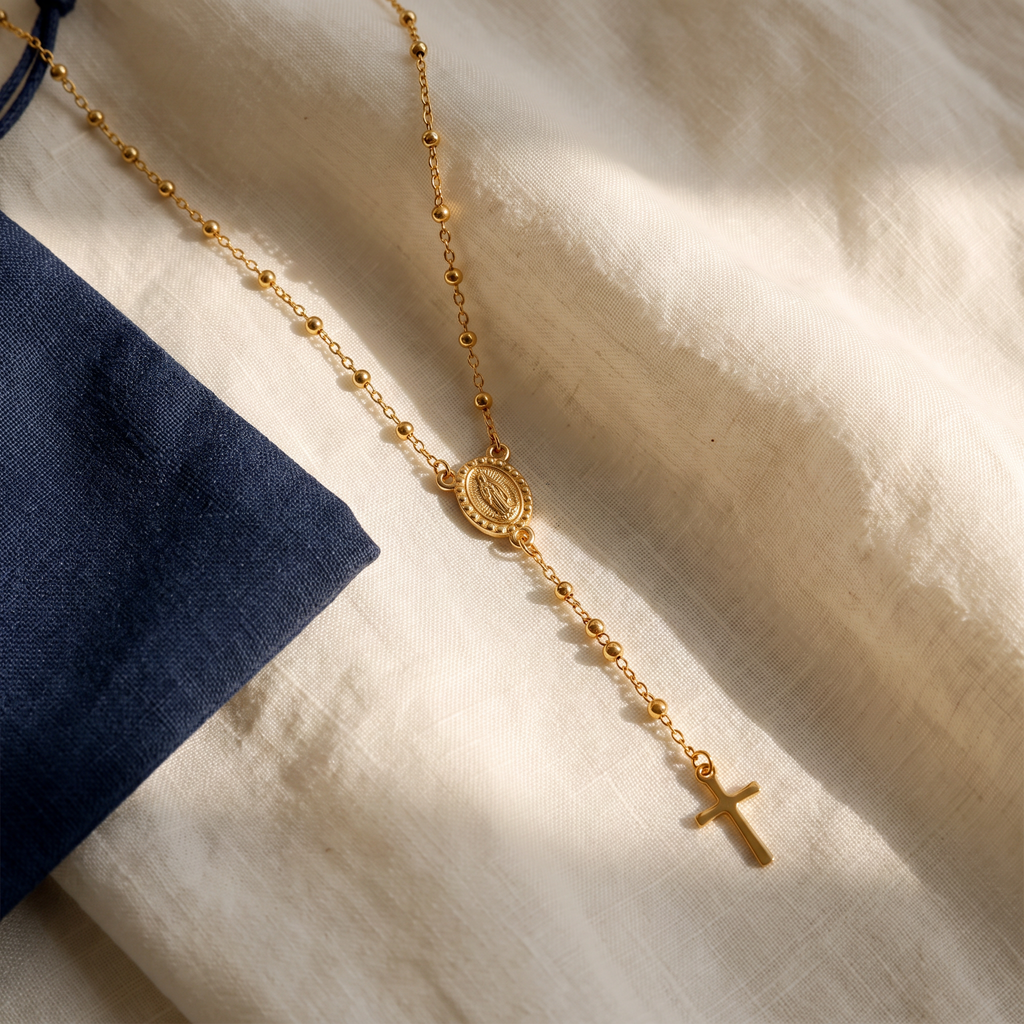 Collier croix rosaire argentée