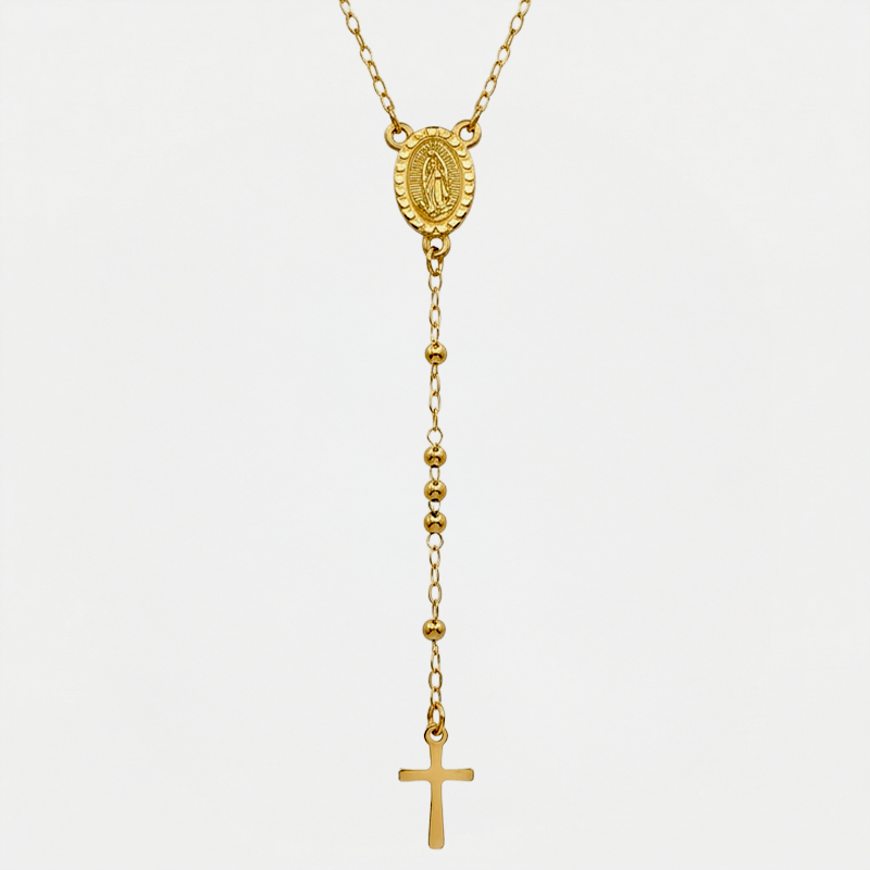 Collier croix rosaire, doré, sur fond blanc