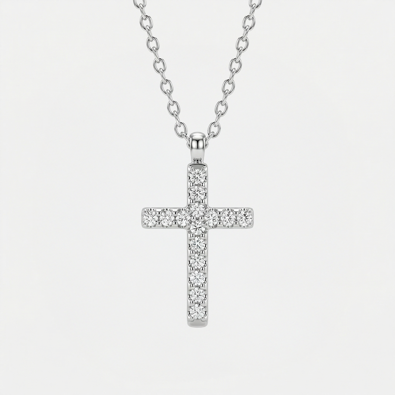 Collier croix strass acier inoxydable, doré, sur fond blanc