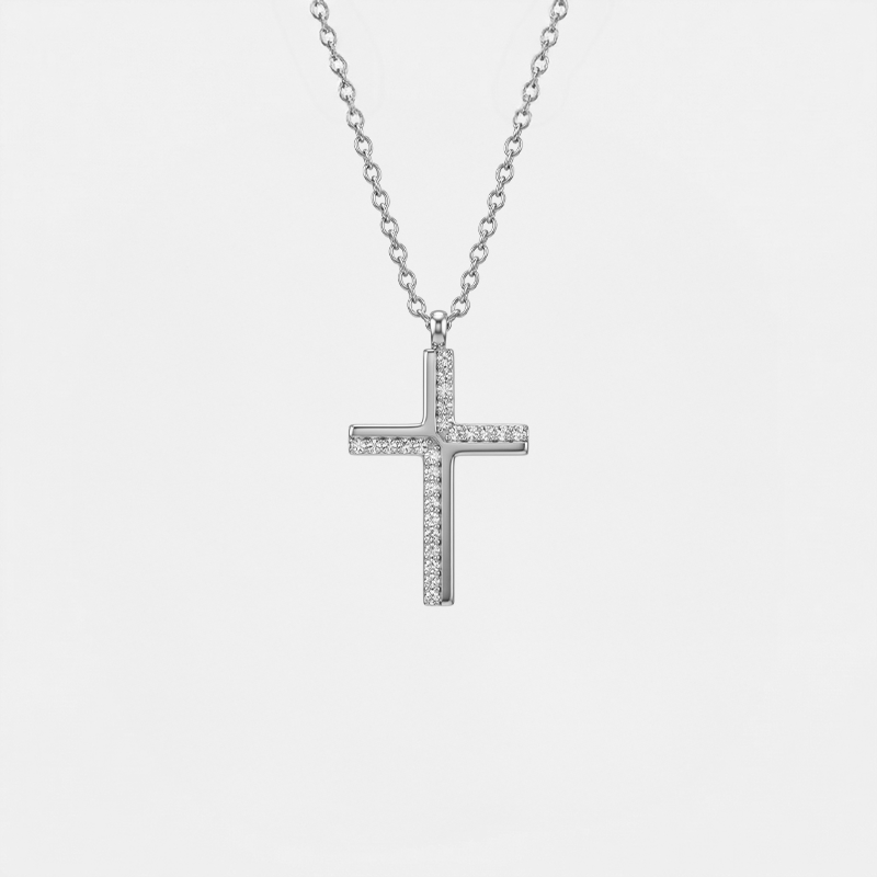 Collier croix strass acier argent