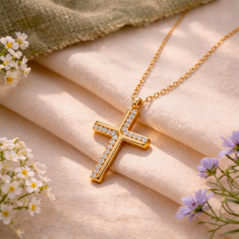Collier croix strass acier inoxydable grande croix, vue de détail
