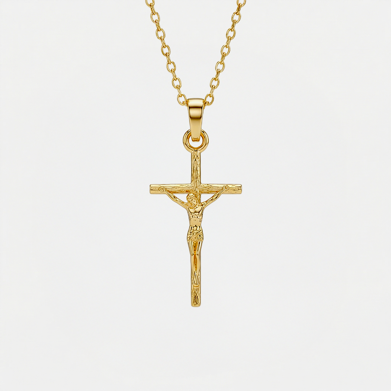 Collier crucifix, doré, sur fond blanc