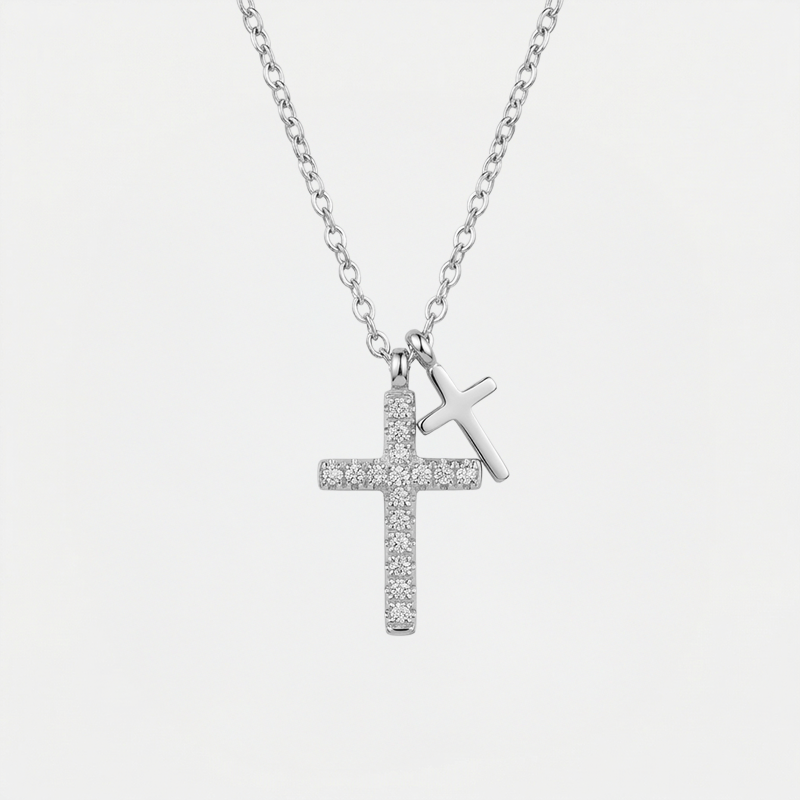 Collier double croix, finition argentée