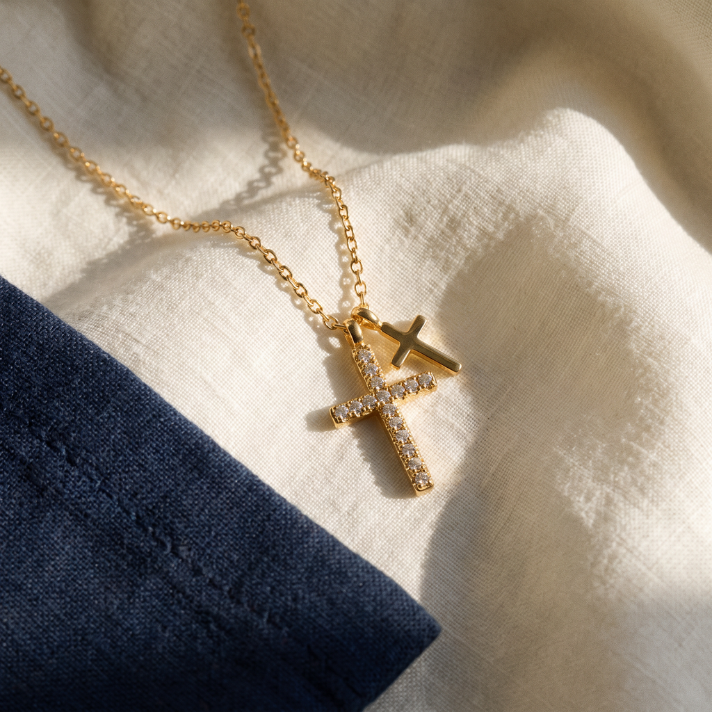 Collier double croix argentée