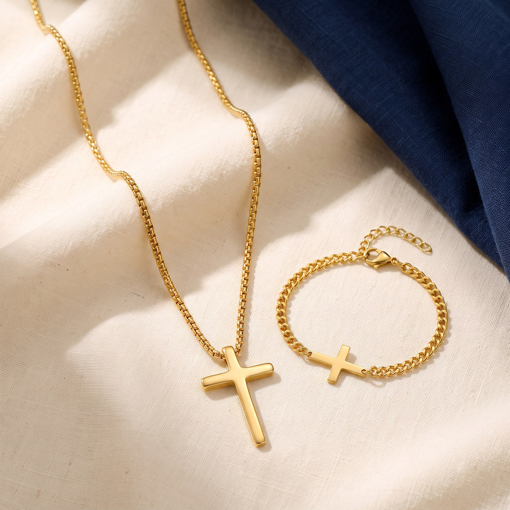 Collier et bracelet croix homme doré
