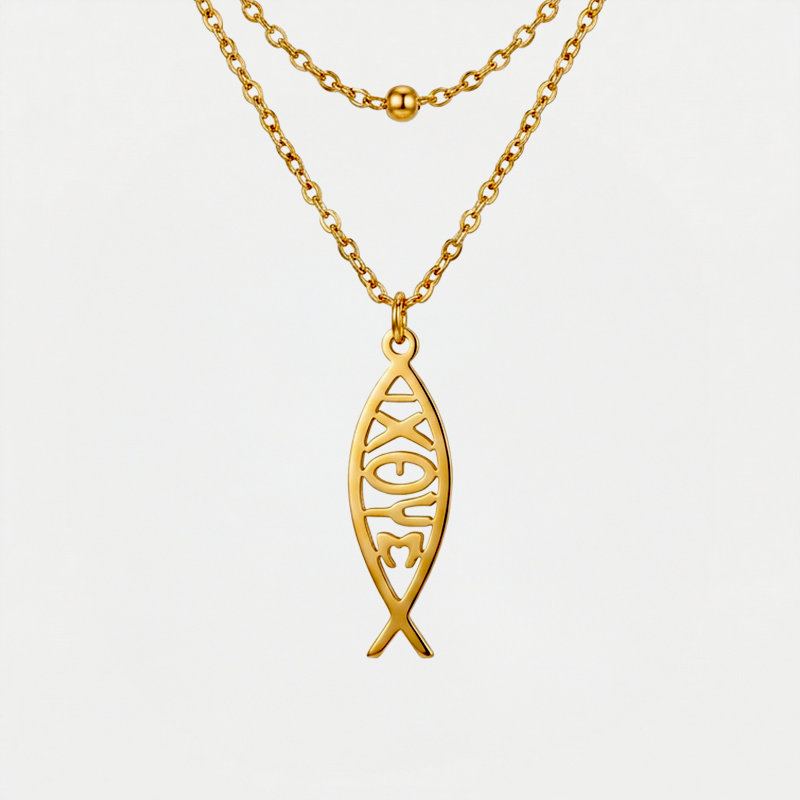 Collier Ichtus, doré, sur fond blanc