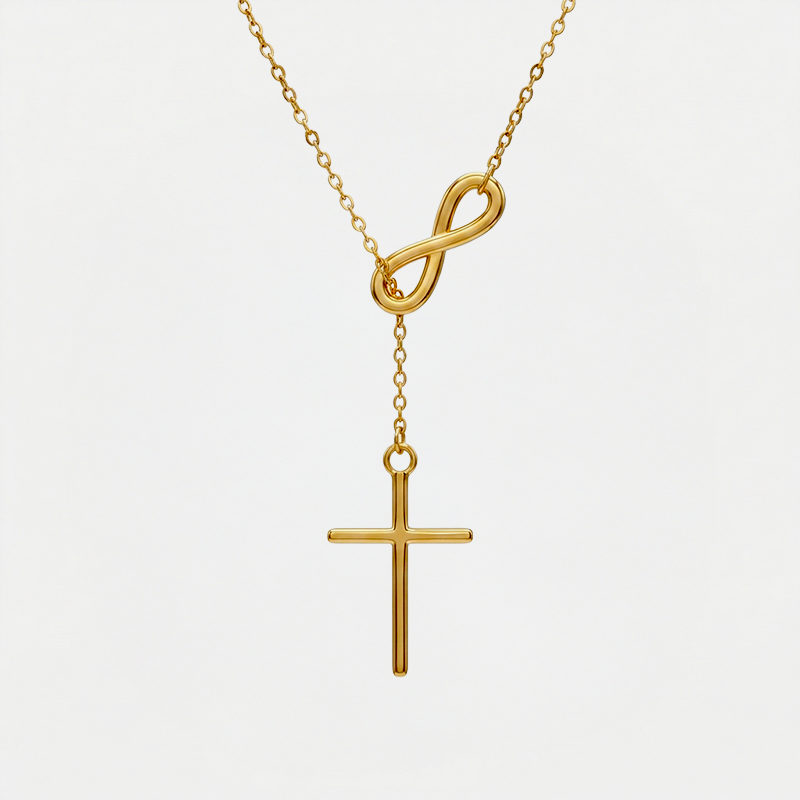 Collier infini et croix, doré, sur fond blanc