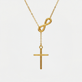 Collier infini et croix, doré, sur fond blanc