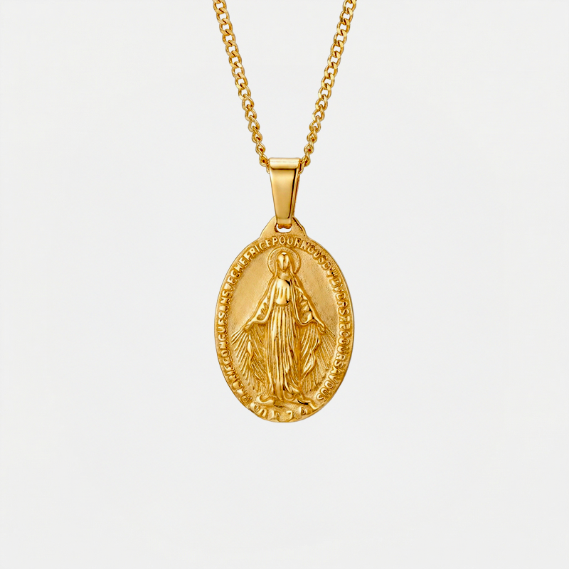 Collier Médaille Miraculeuse, doré, sur fond blanc