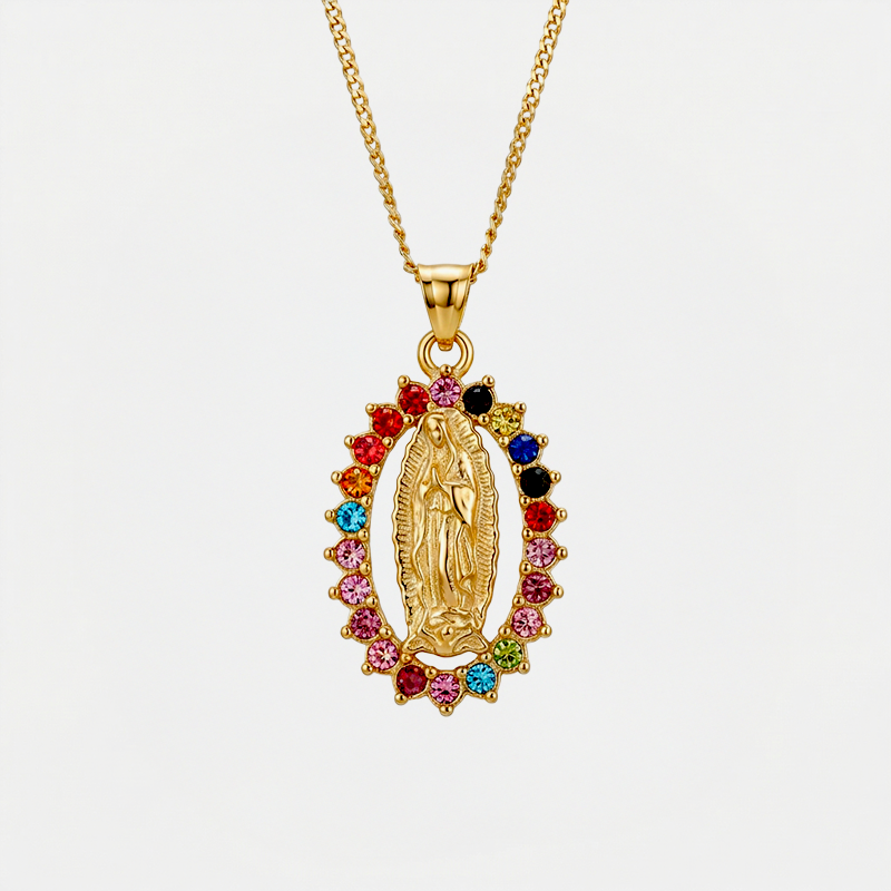 Collier Notre Dame de Guadalupe, doré et multicolore, sur fond blanc