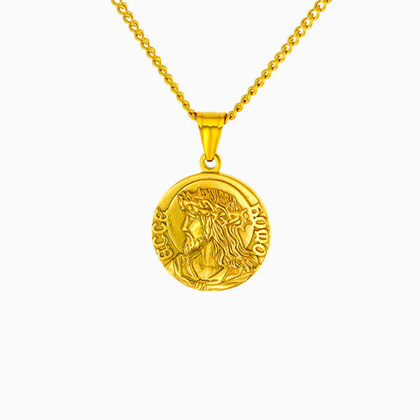Collier pendentif Jesus, doré, sur fond blanc