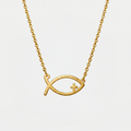 Collier poisson chrétien, doré, sur fond blanc