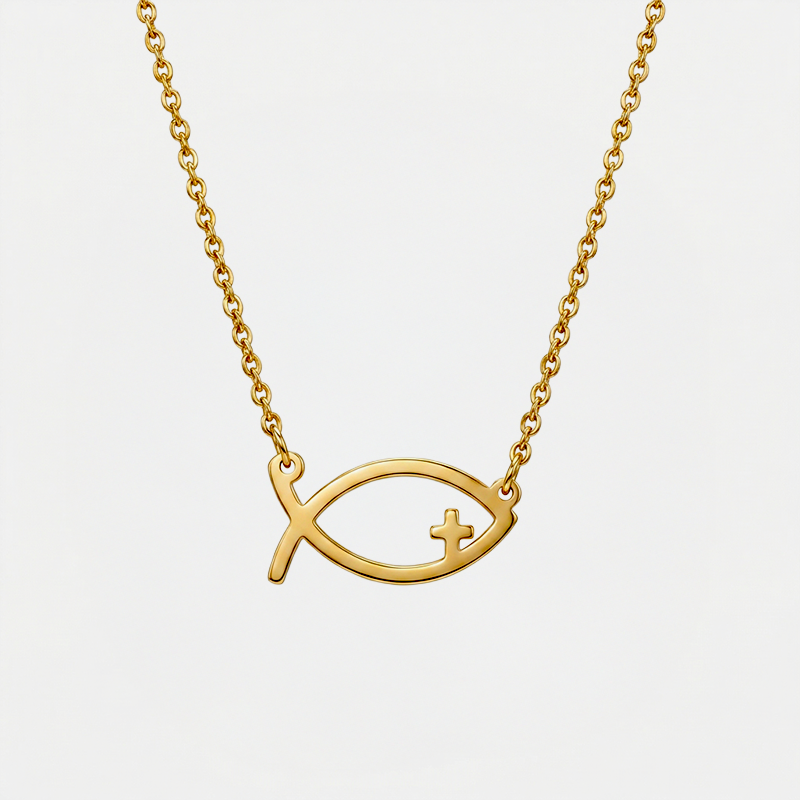 Collier poisson chrétien, doré, sur fond blanc