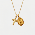 Collier Vierge Marie et Croix, doré, sur fond blanc