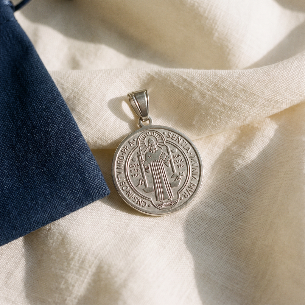 Médaille de saint Benoît posé sur du lin ivoire, pochon marine en accent