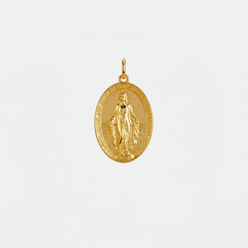 Médaille Vierge Marie, doré, sur fond blanc