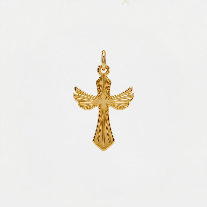Pendentif croix ciselé, doré, sur fond blanc