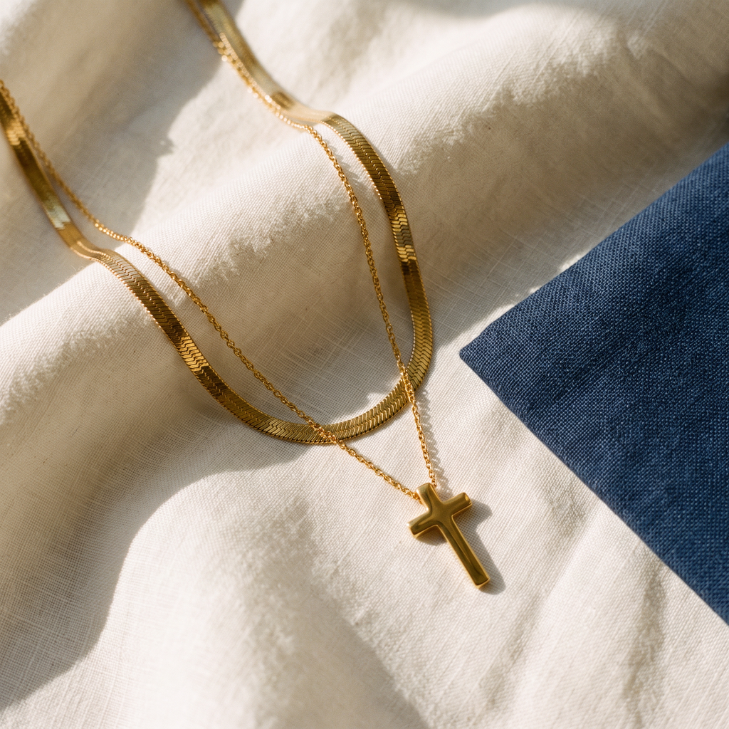 Collier croix double chaine - Émeline posé sur du lin ivoire, pochon marine en accent
