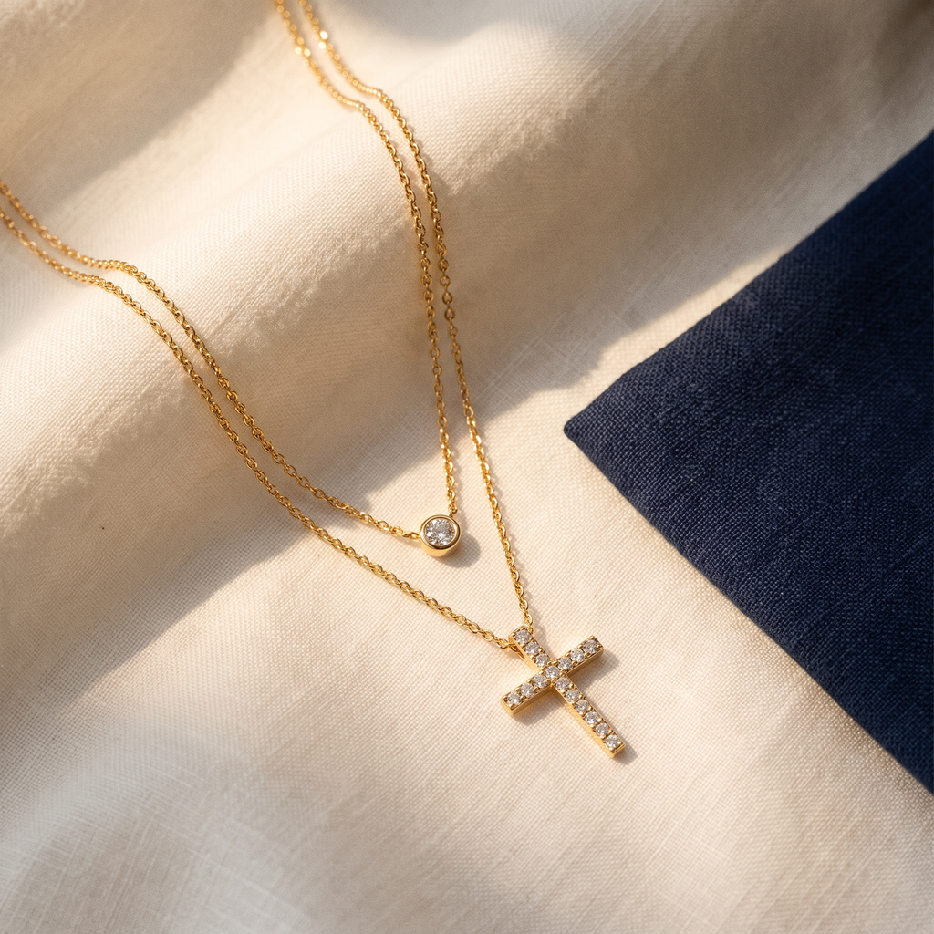 Collier croix élégant - Delphine posé sur du lin ivoire, pochon marine en accent