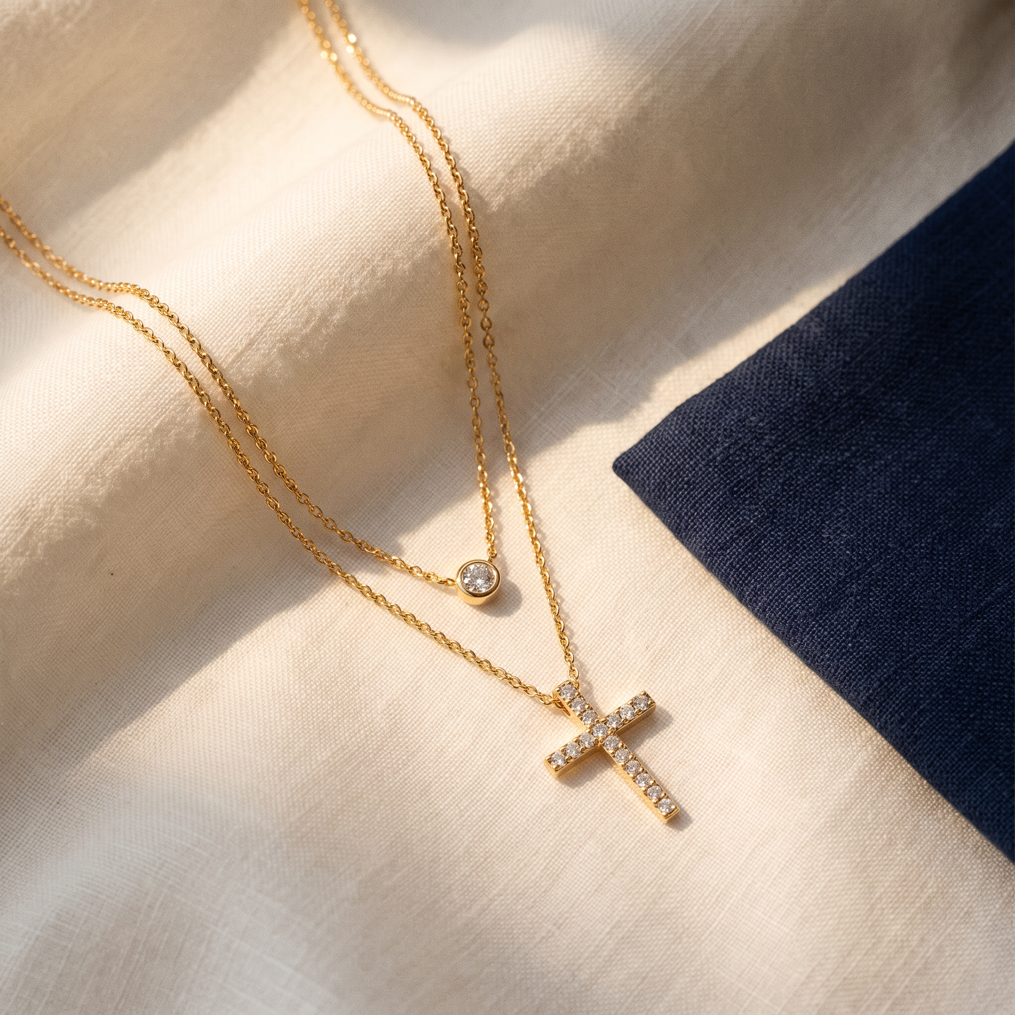 Collier croix élégant - Delphine posé sur du lin ivoire, pochon marine en accent