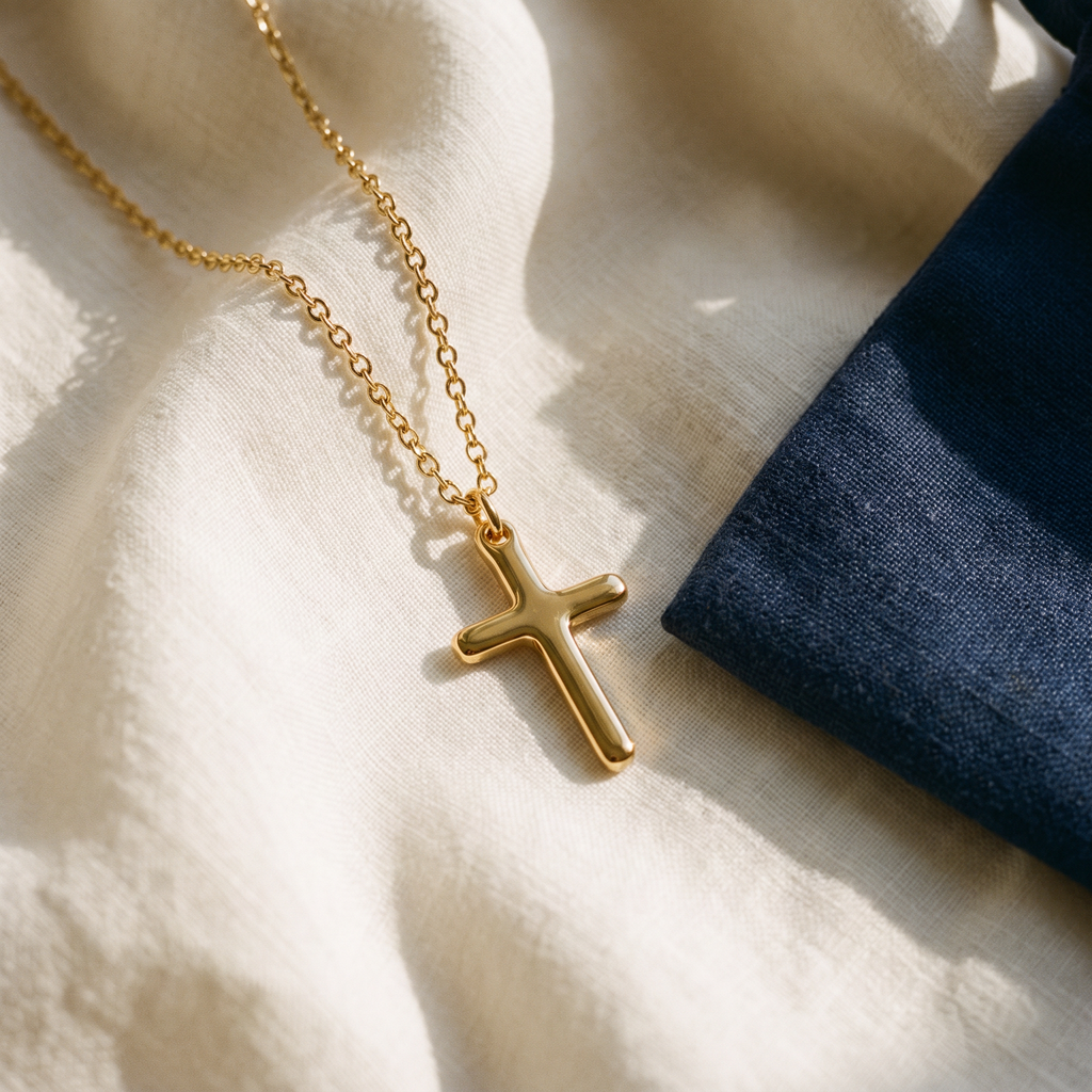 Collier croix enfant - Pancrace posé sur du lin ivoire, pochon marine en accent