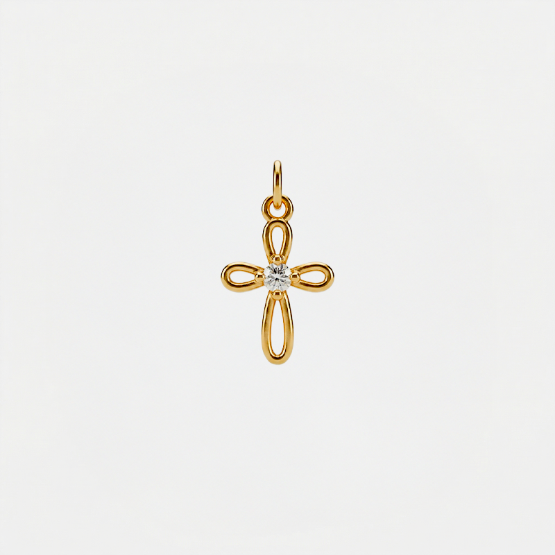 Pendentif croix femme fantaisie, doré, sur fond blanc