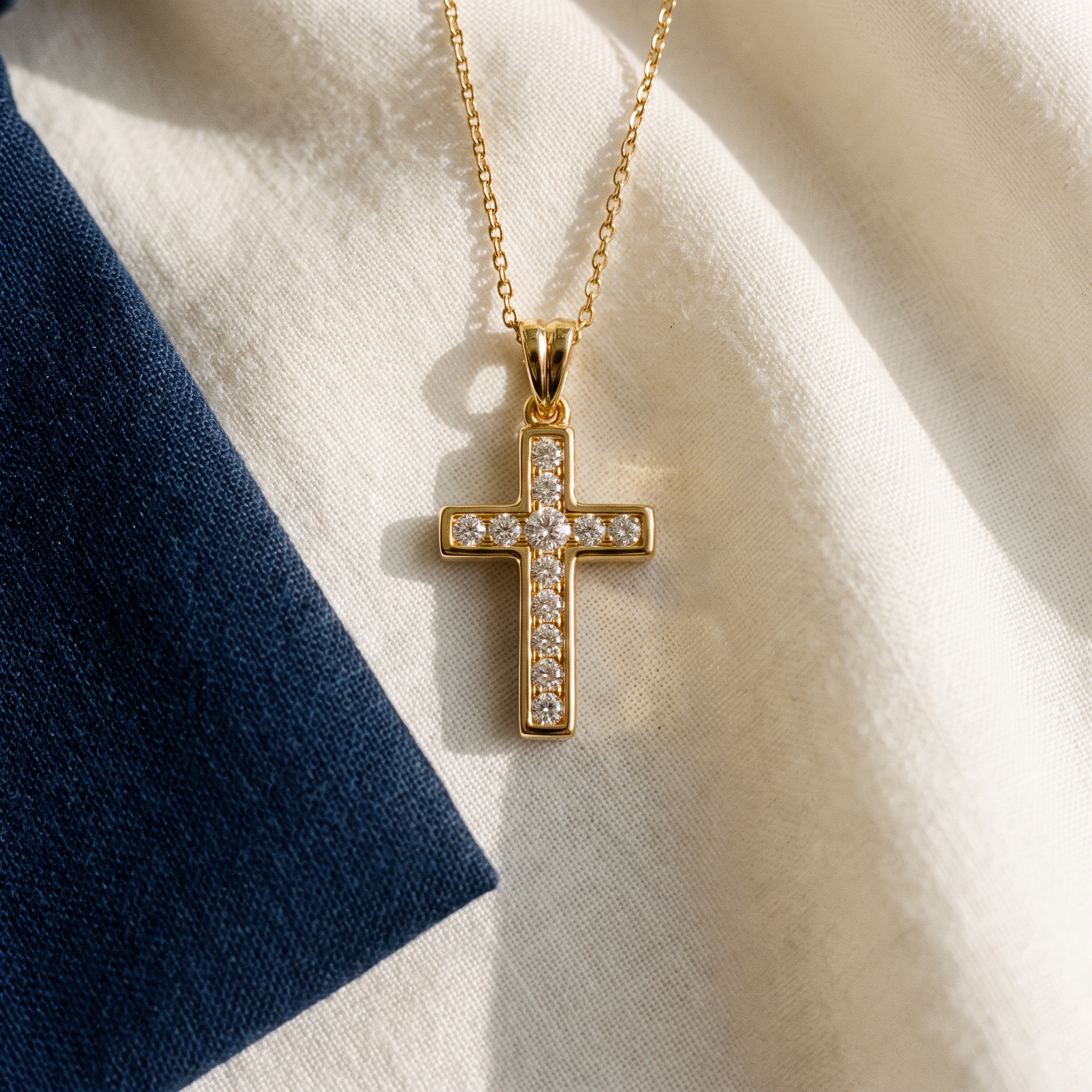 Pendentif croix femme strass posé sur du lin ivoire, pochon marine en accent