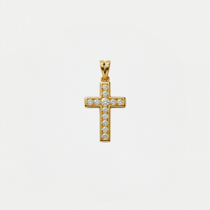 Pendentif croix femme strass, doré, sur fond blanc