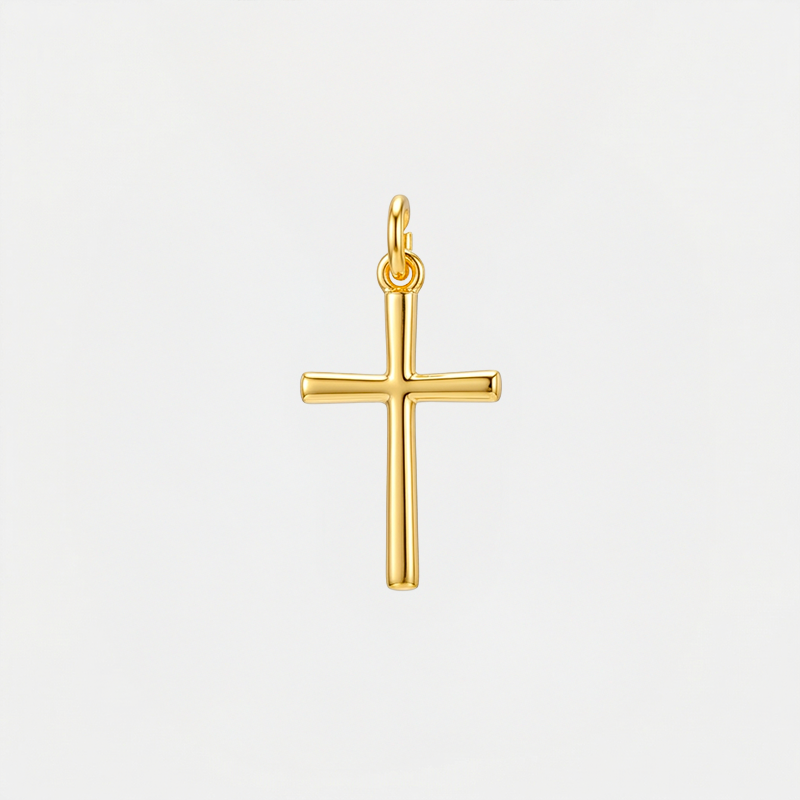 Pendentif croix minimaliste, doré, sur fond blanc