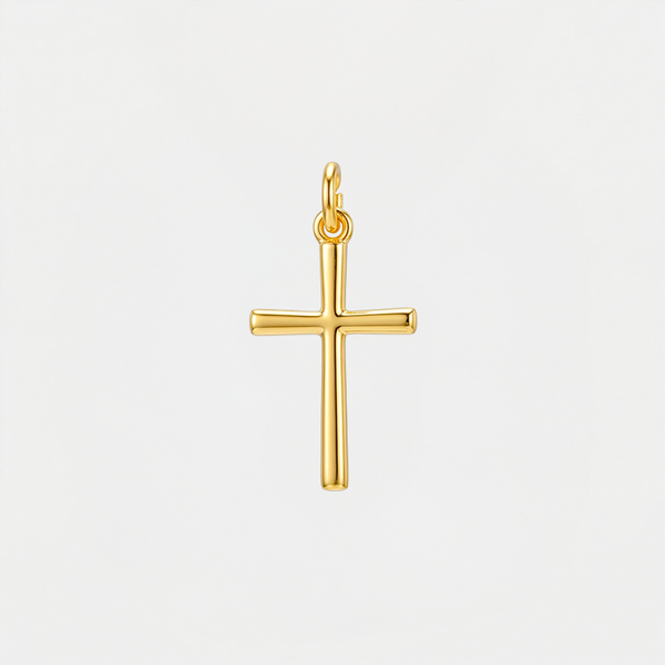Pendentif croix minimaliste, doré, sur fond blanc __switch:Or