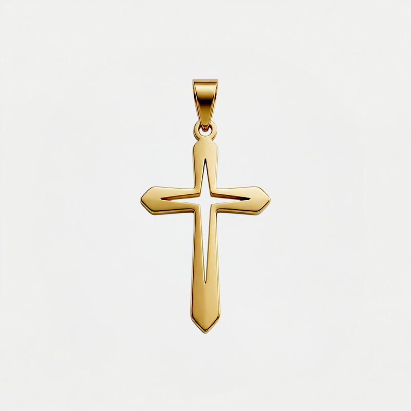 Pendentif croix original, doré, sur fond blanc