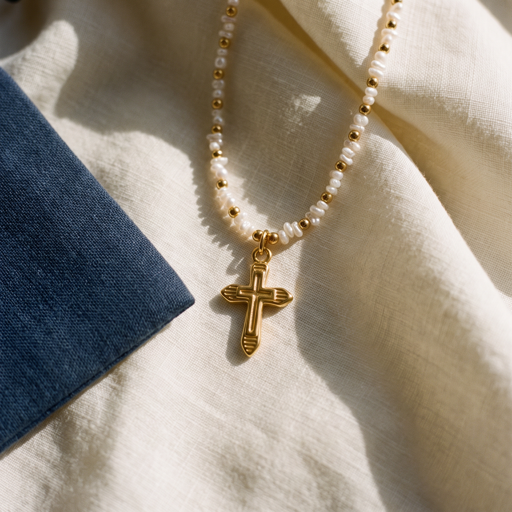 Collier croix perles blanches - Noëlle posé sur du lin ivoire, pochon marine en accent