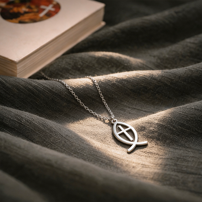 Collier croix poisson argentée