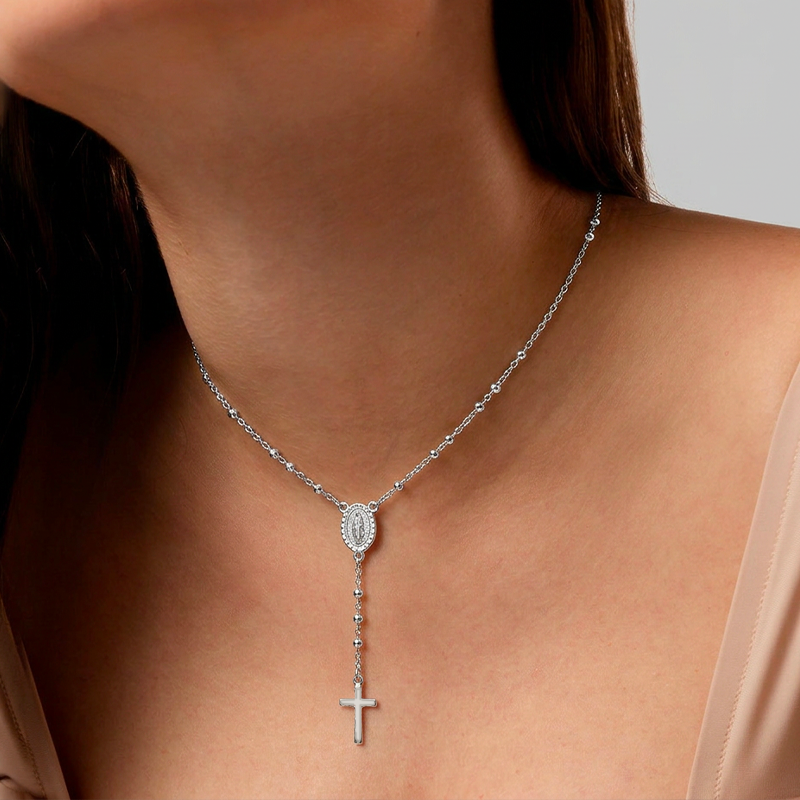 Collier croix rosaire argentée