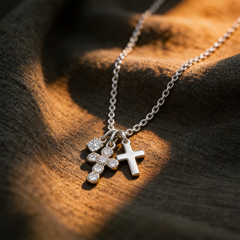 Collier croix grappe de cristaux argentée